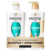 Pantene Smooth & Sleek shampoo bottle demonstrating frizz control in action.