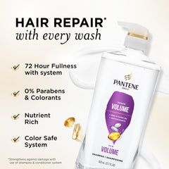 Pantene Volumen Ligero, espuma nutritiva, deja cabello ligero y con cuerpo.