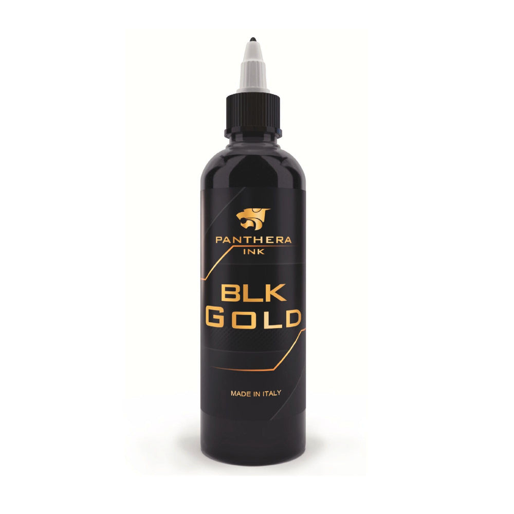 Panthera Black BLK Gold tattoo ink 150ml bottle, ideal for vibrant professional work.