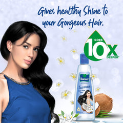 Parachute Advansed Jasmine fragrance hair closeup highlights natural shine.