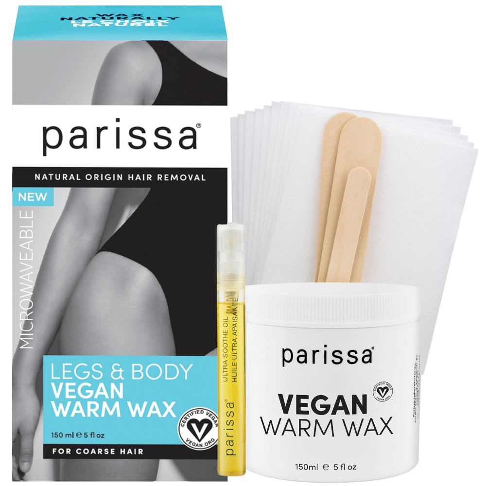 Parissa microwavable warm wax kit bottle close-up for fast, salon-style at-home hair removal