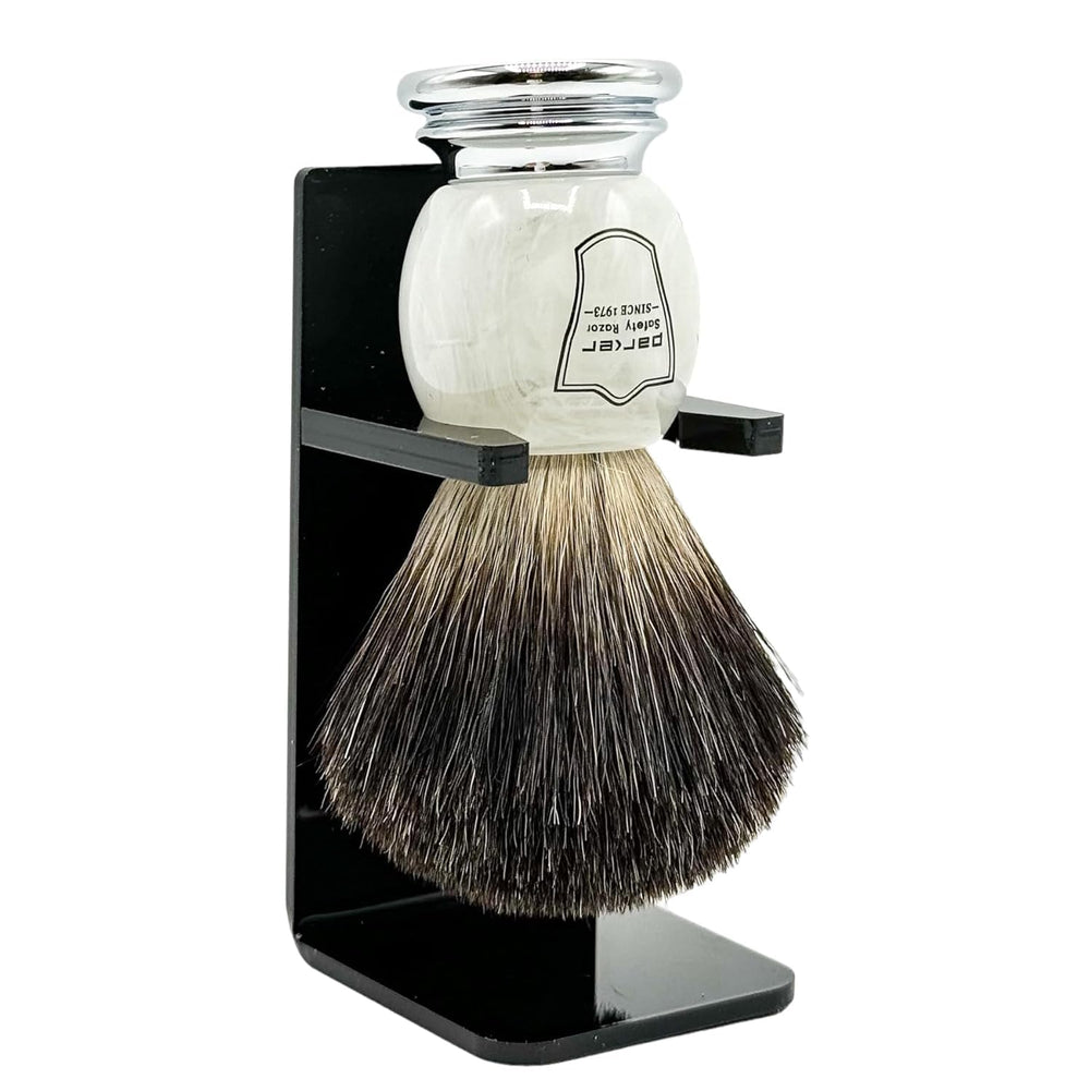 Parker 100% black badger brush with ivory marble handle delivers rich lather.