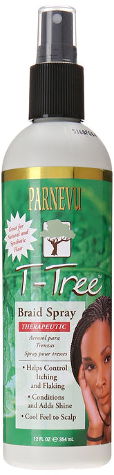Parnevu T-Tree Braid Spray bottle demonstrating scalp-soothing conditioning and shine.