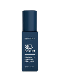 Particle Anti-Gray Serum bottle close-up shows a peroxide-free formula for gradual gray reduction