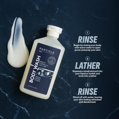 Particle Men’s Body Wash scent: citrus and wood notes in air.