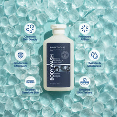Close-up of rich lather from Particle Men’s Body Wash for hydrating foam.