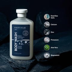 Label highlights Dead Sea minerals in Particle Men’s Body Wash.