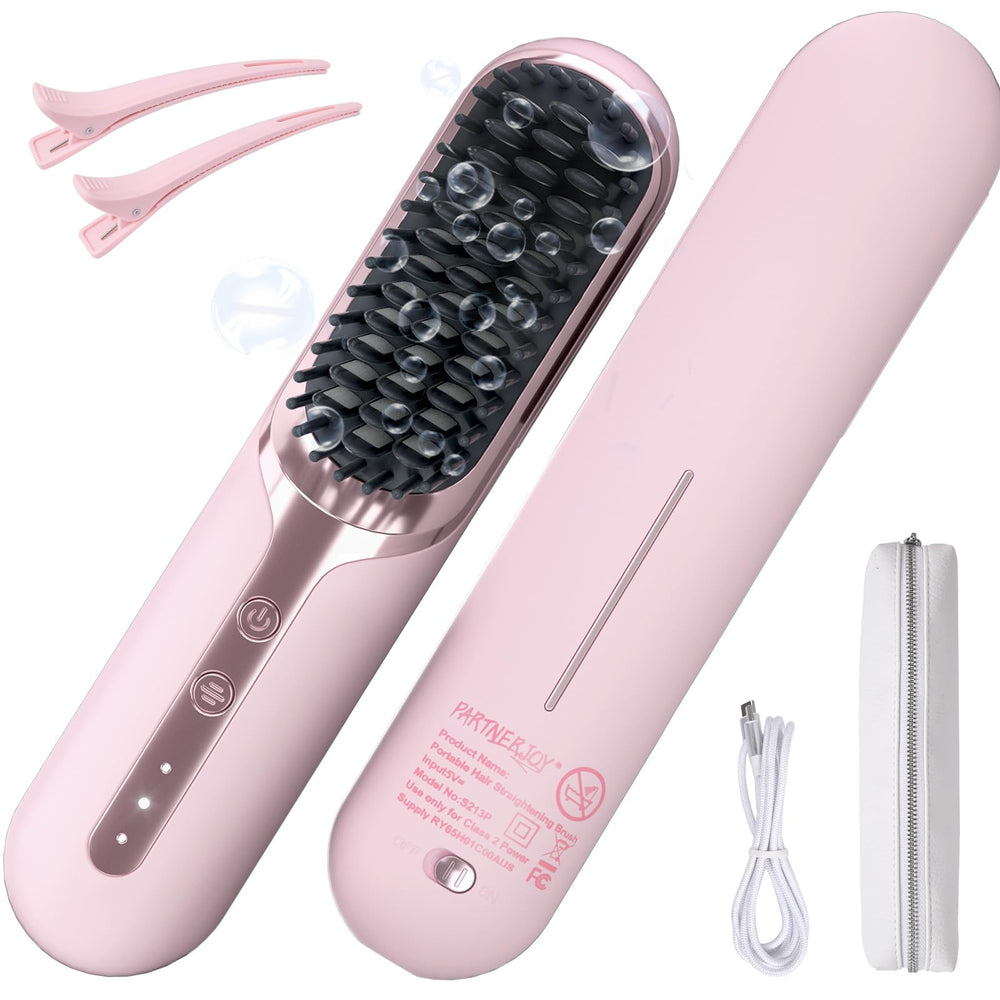 PartnerJoy cordless hair straightener brush enables quick styling on the go with cordless flexibility.