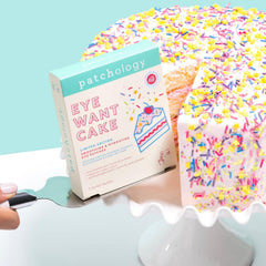 Close-up of Patchology Eye Want Cake patches gel texture delivering cooling hydration.