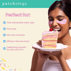 Patchology Eye Want Cake patches on skin showing brighter under-eye area potential.