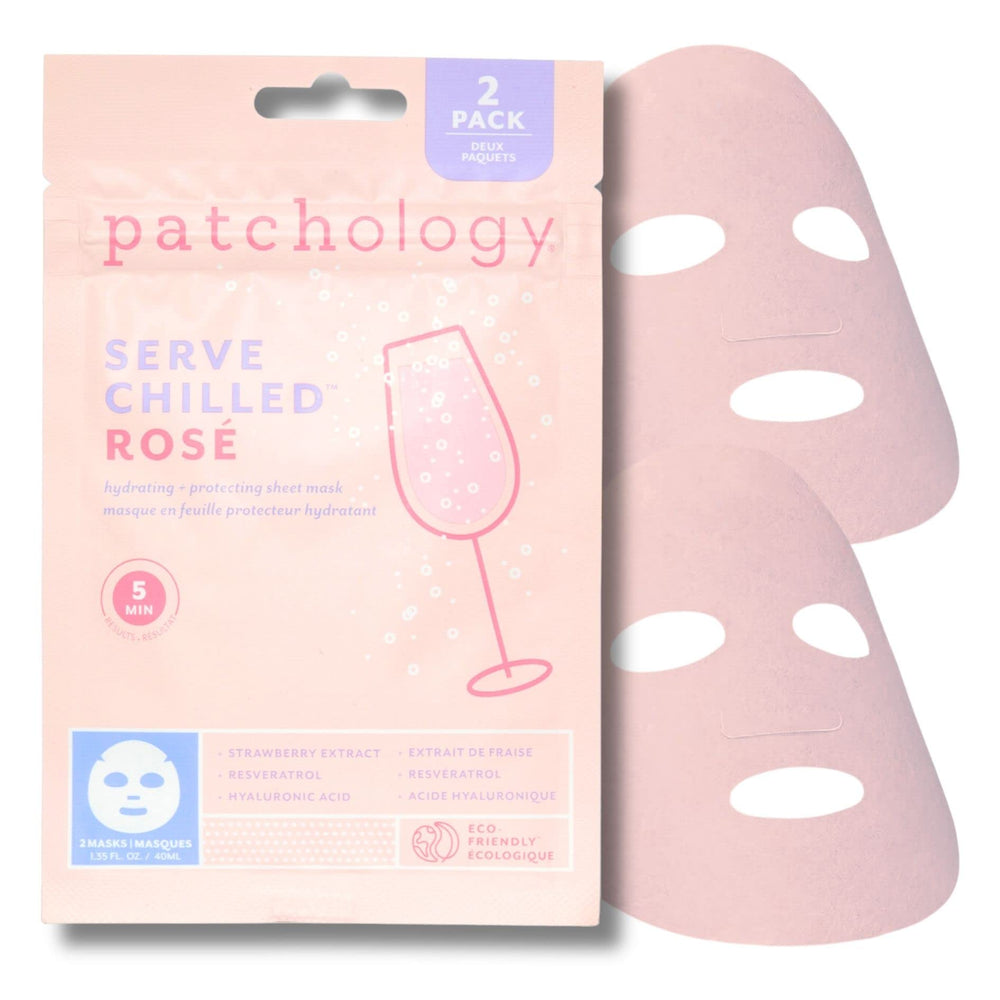 Patchology Serve Chilled Rosé mask bottle close-up for refreshing hydration.