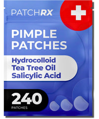 Empaque PatchRx con parches hidrocoloides para granos, uso práctico diario.