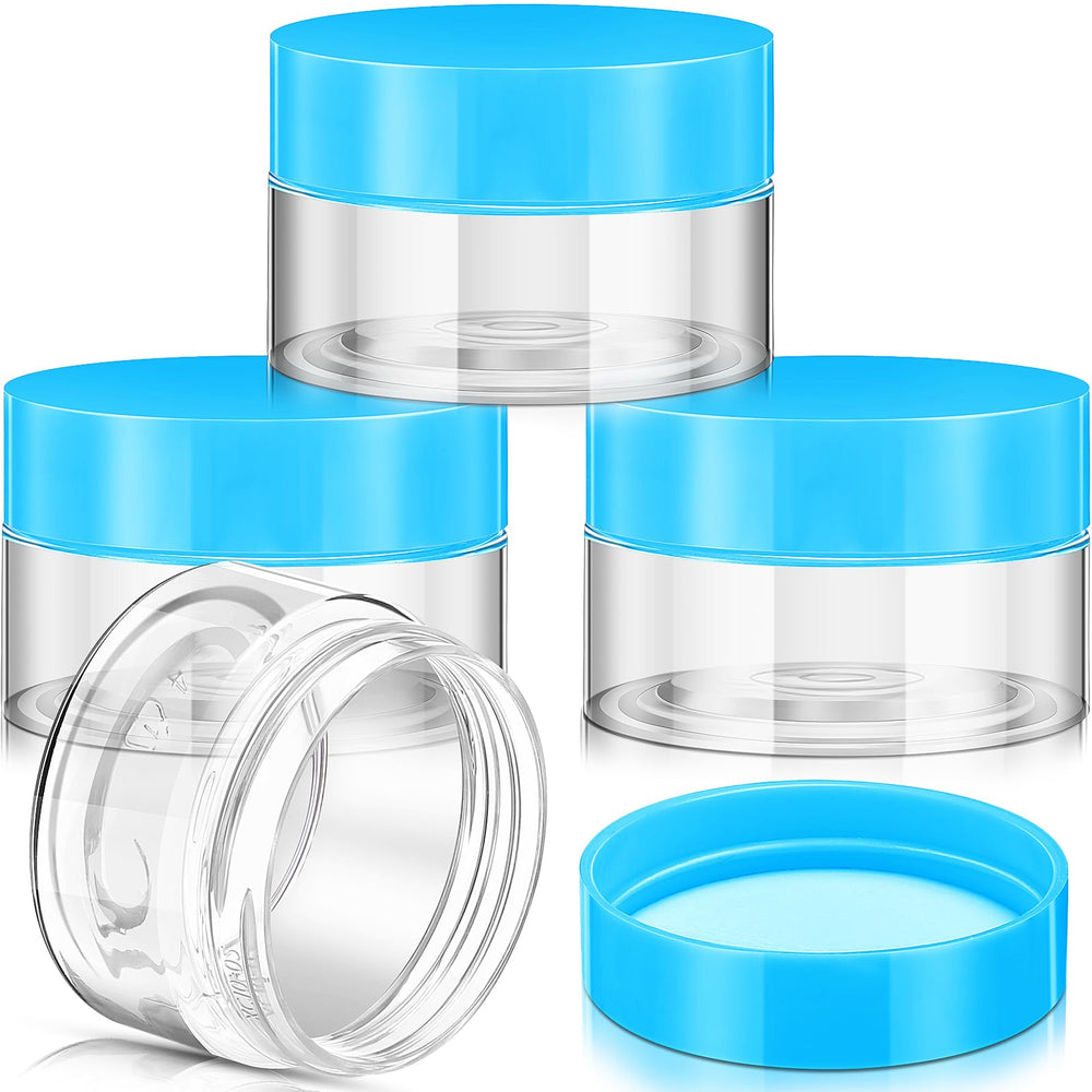 Patelai 4-piece round wide-mouth jars with blue lids for travel storage.