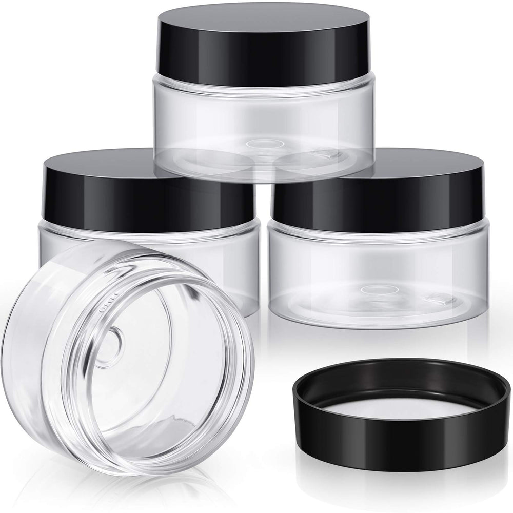 Patelai 4-pack round wide-mouth jars with black lids for travel storage and easy filling.