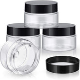 Patelai 4-pack round wide-mouth jars with black lids for travel storage and easy filling.