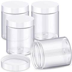 Patelai 4-piece round wide-mouth plastic jar set with lids, ideal for travel storage.