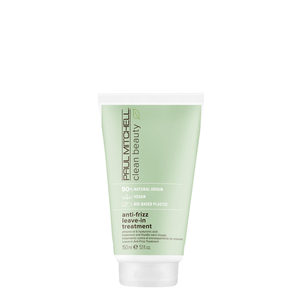 Paul Mitchell Clean Beauty Anti-Frizz Leave-In bottle showing frizz control and humidity protection.