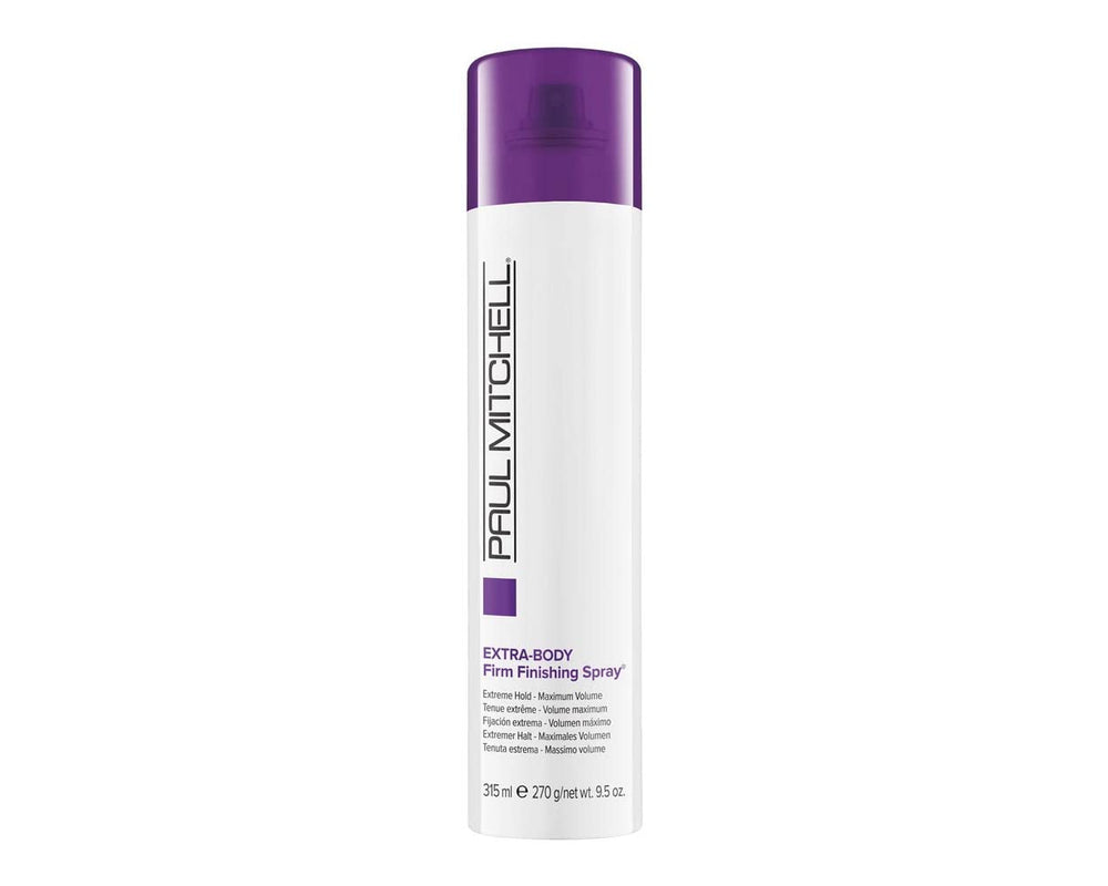 Paul Mitchell Extra-Body Firm Hairspray bottle shows maximum hold for fine hair