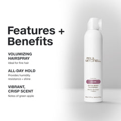 Applying Paul Mitchell Extra-Body Hairspray creates flexible hold for finished styles