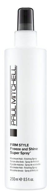 Paul Mitchell Freeze and Shine hairspray bottle—powerful hold for coarse hair.