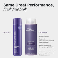 Close-up of Paul Mitchell Platinum Plus Deep Violet Shampoo pour toning yellow tones