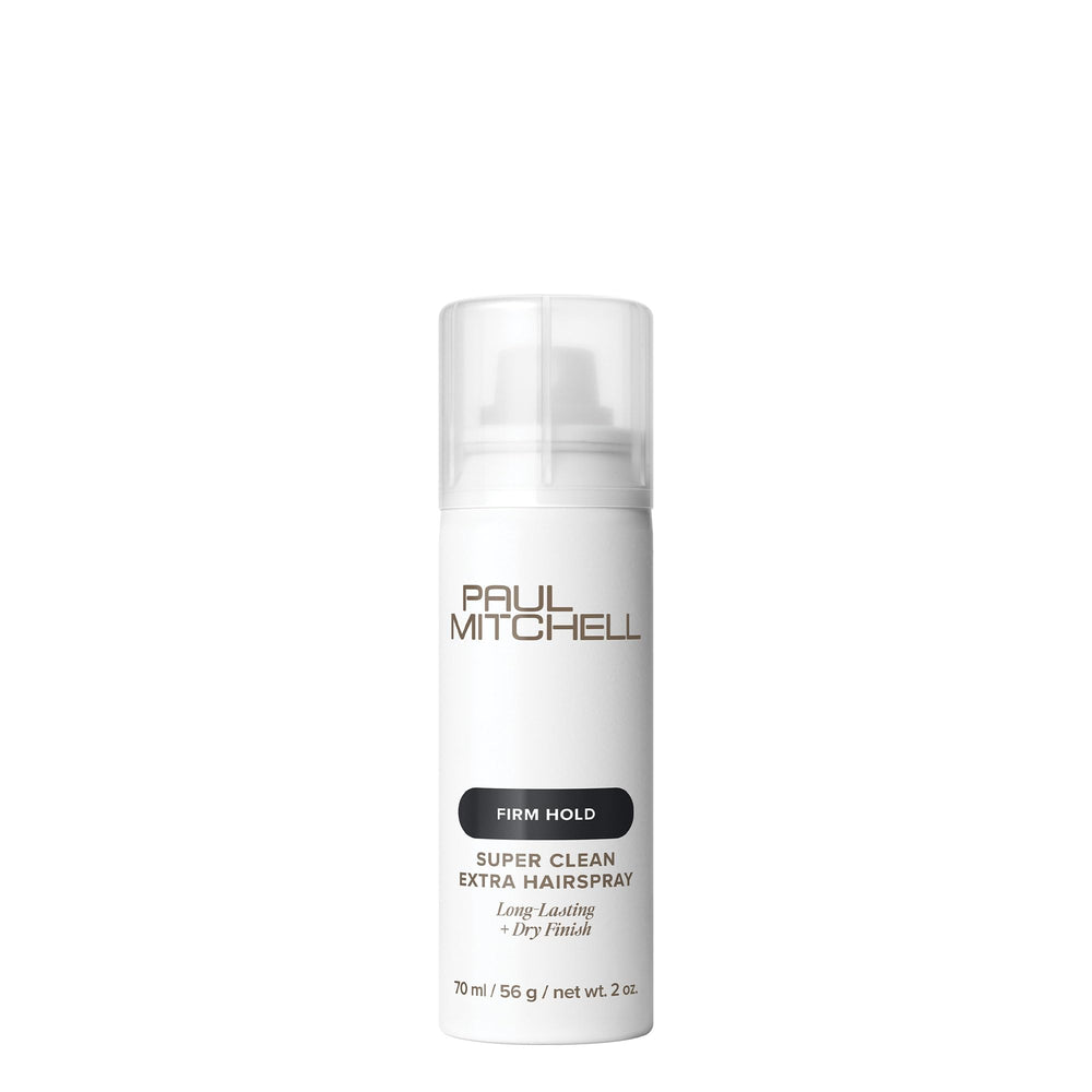 Paul Mitchell Super Clean Extra Hairspray, botella, fijación duradera y brillo.