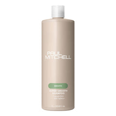 Paul Mitchell Super Smooth Shampoo bottle front highlights frizz control and premium packaging.
