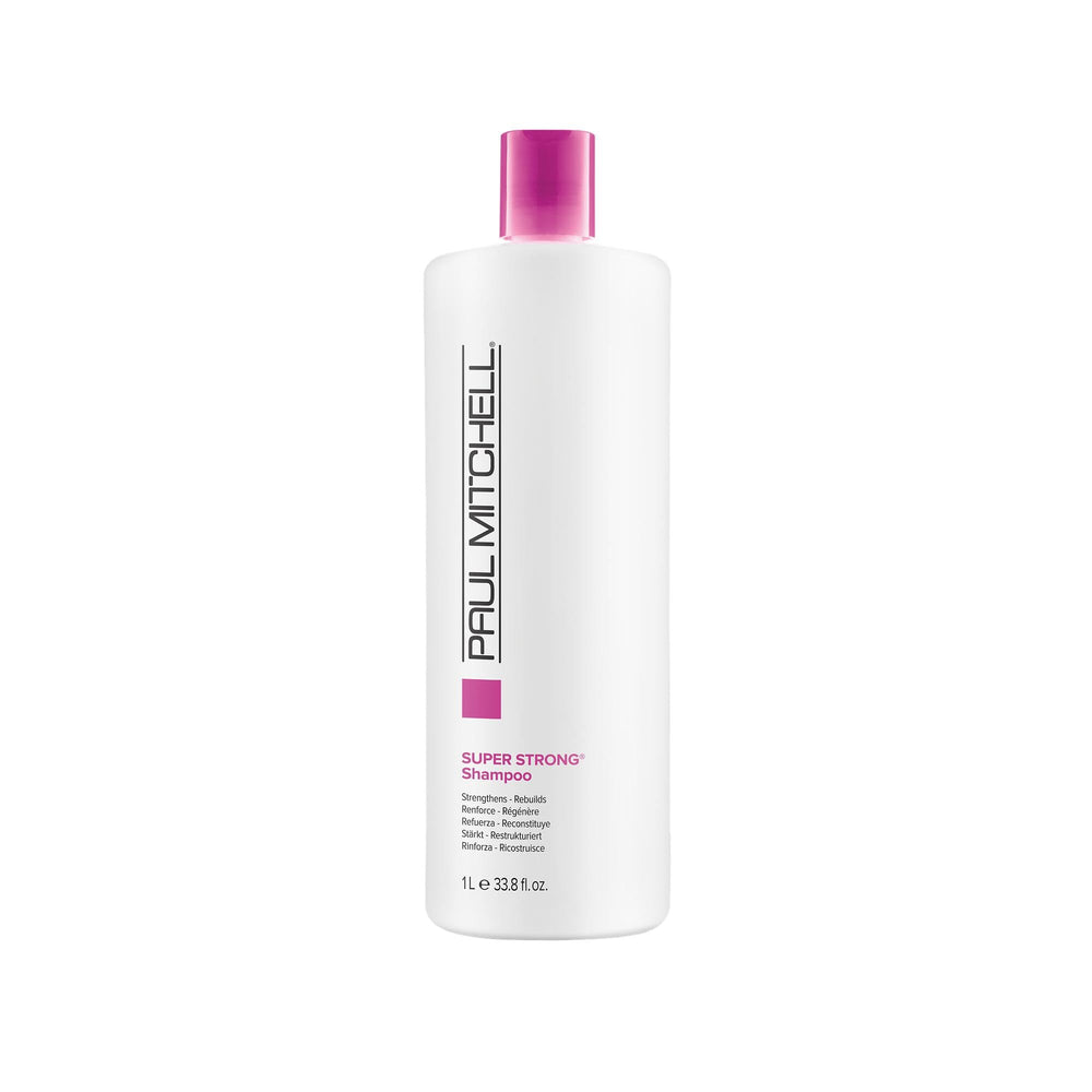 Paul Mitchell Super Strong Shampoo bottle highlights a fortifying formula for damaged hair care