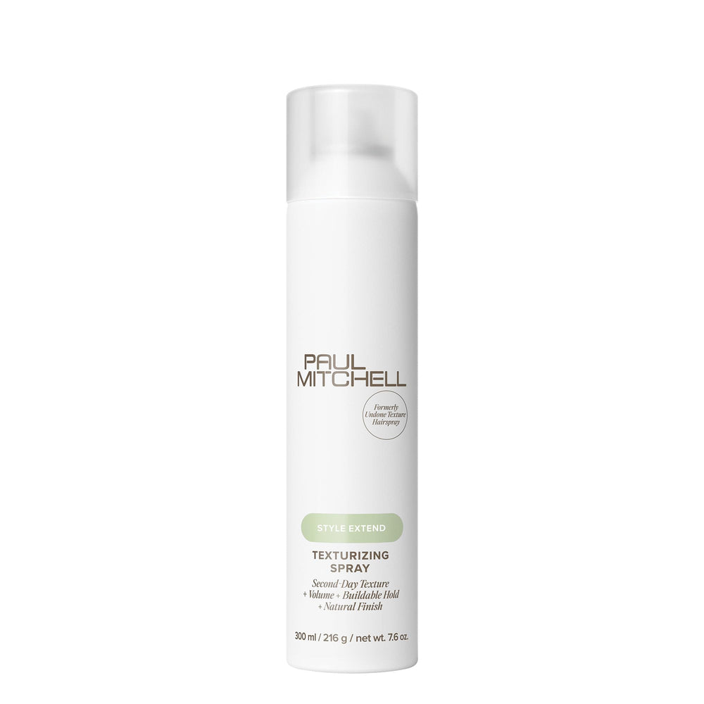 Paul Mitchell Texturizing Spray bottle shows weightless texture and volume.