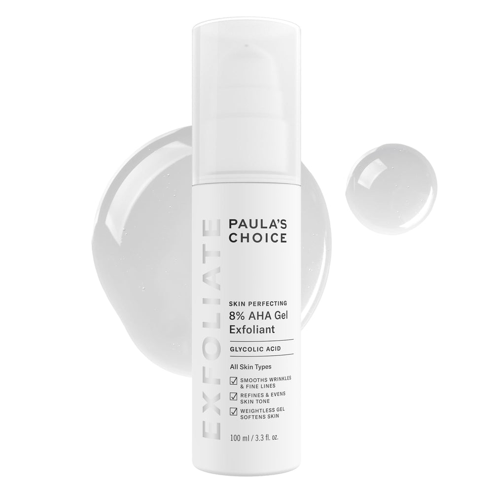 Paula's Choice 8% AHA exfoliant bottle showing gentle resurfacing for smoother skin.