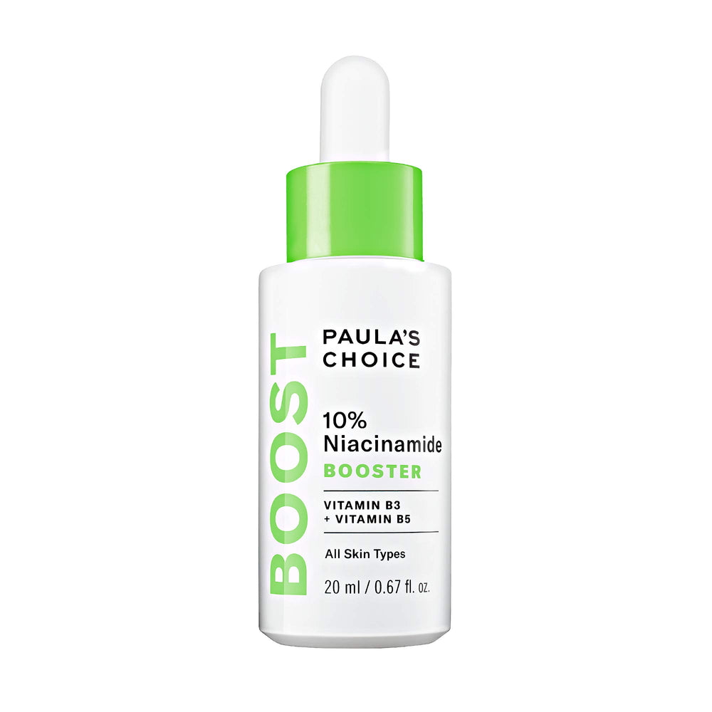 Paula's Choice BOOST serum bottle highlighting 10percent niacinamide for pore-minimizing potential