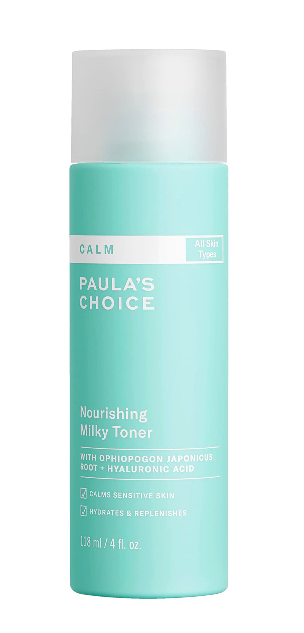 Paula's Choice Calm Nourishing Milky Toner bottle shows a gentle, fragrance-free option for sensitive skin