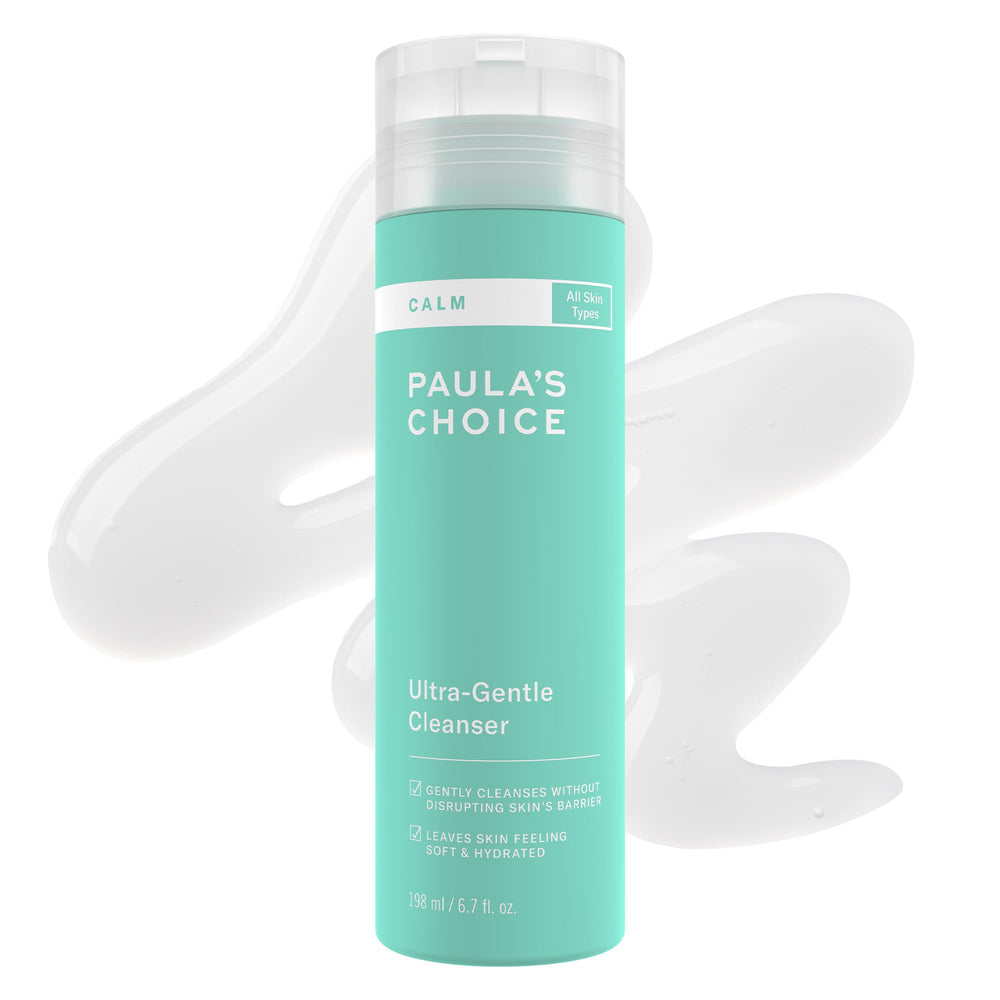 Paula's Choice CALM cleanser bottle close-up, fragrance-free for sensitive skin.