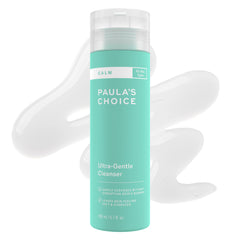 Paula's Choice CALM cleanser bottle close-up, fragrance-free for sensitive skin.