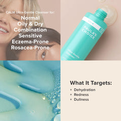 Paula's Choice CALM cleanser fragrance-free label highlights safe daily use for redness-prone skin.