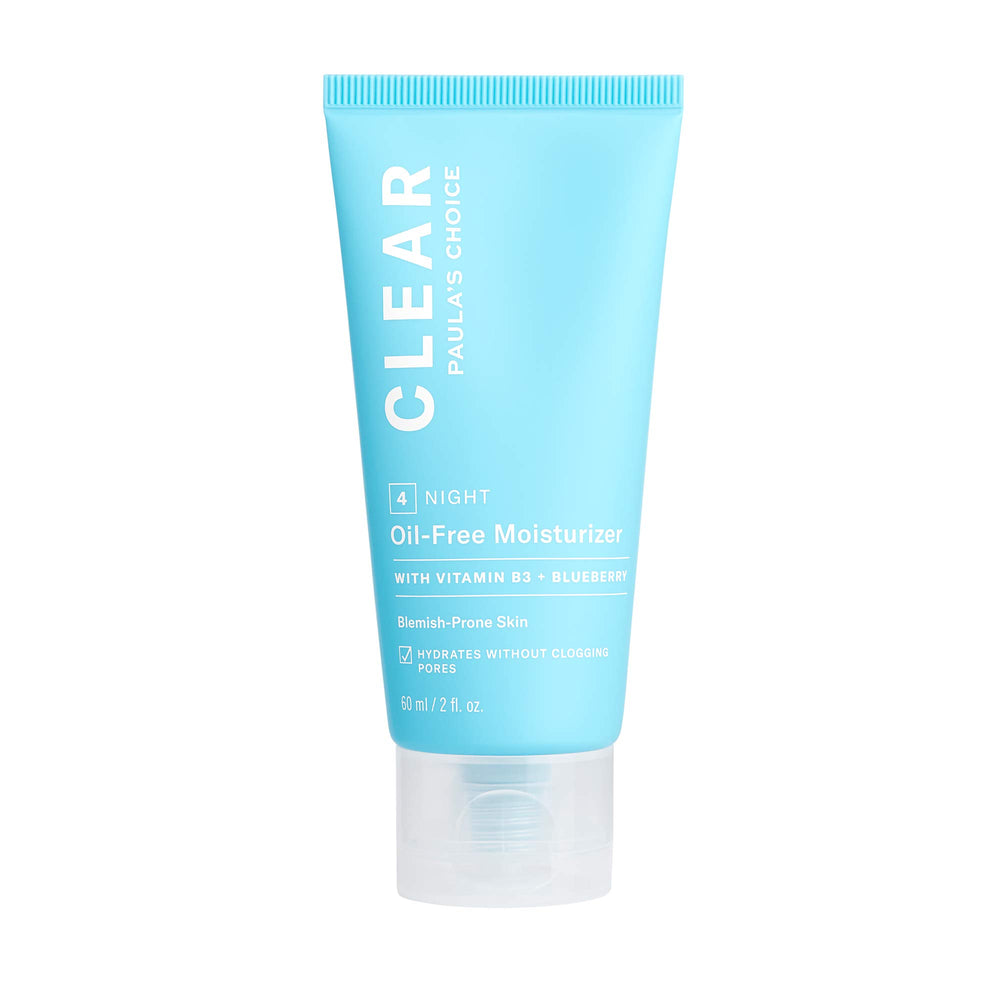 Paula's Choice CLEAR Oil-Free Moisturizer bottle shows lightweight, fragrance-free hydration.