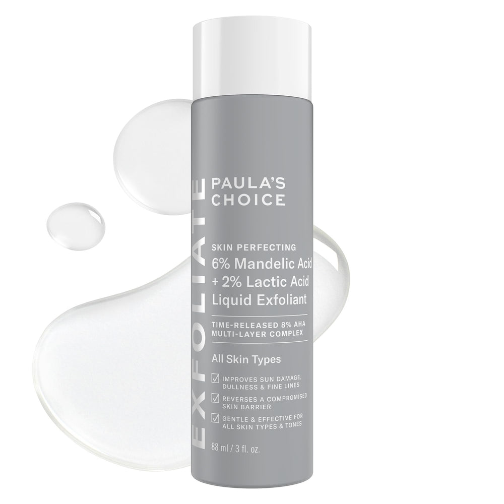 Paula's Choice mandelic exfoliant bottle pour for gentle daily skin smoothing
