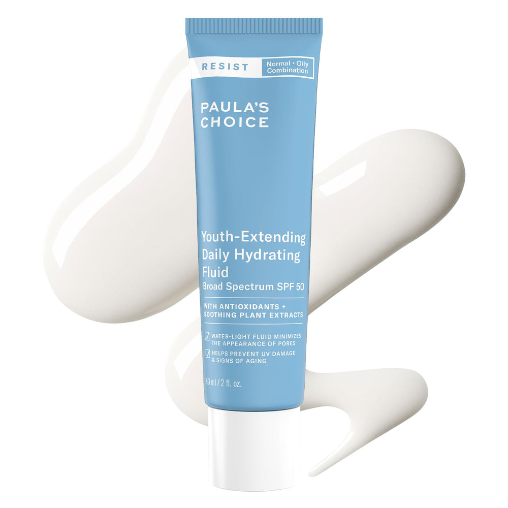 Paula's Choice RESIST Daily Hydrating Fluid bottle offers oil-free hydration with SPF 50 protection