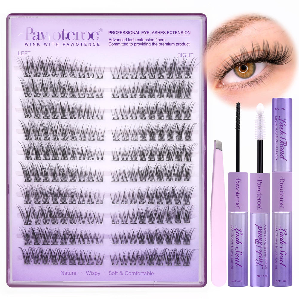 Pawotence Wispy Lash Clusters Kit packaging highlights a complete at-home lash kit for easy DIY installs