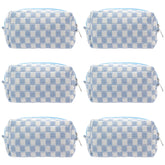 PAZIMIIK checkered makeup bag blue front view for easy on-the-go cosmetics storage.