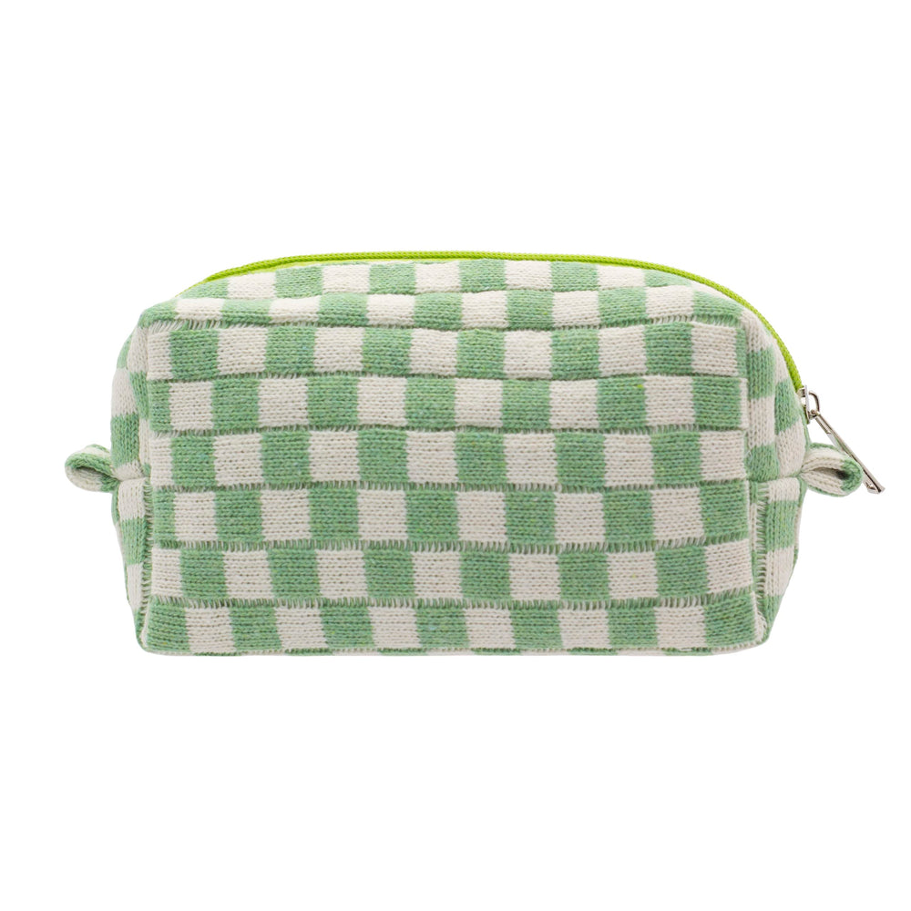 PAZIMIIK checkered makeup bag in light green keeps cosmetics organized on the go.