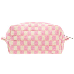 PAZIMIIK checkered makeup bag in pink beige with stand-up base for quick access.