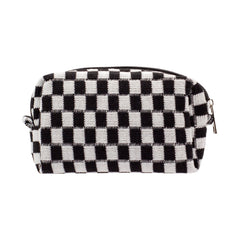 PAZIMIIK checkered makeup bag, closed with zipper, ideal for on-the-go storage.