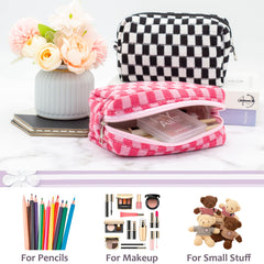 PAZIMIIK checkered makeup bag offers a roomy compartment for brushes and cosmetics.