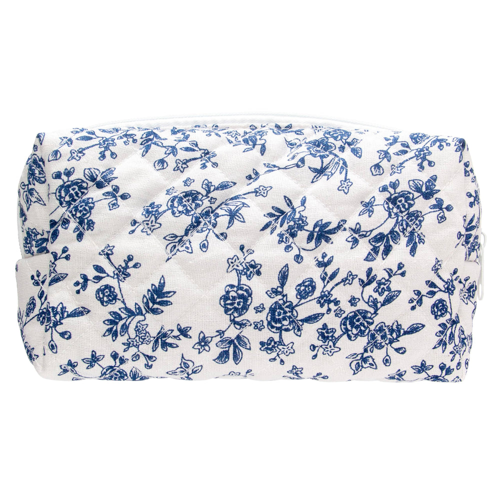 PAZIMIIK vintage quilted makeup bag front view in Jouy blue, timeless style