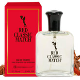 PB ParfumsBelcam Red Classic Match bottle on desk, long-lasting masculine fragrance for daily wear.