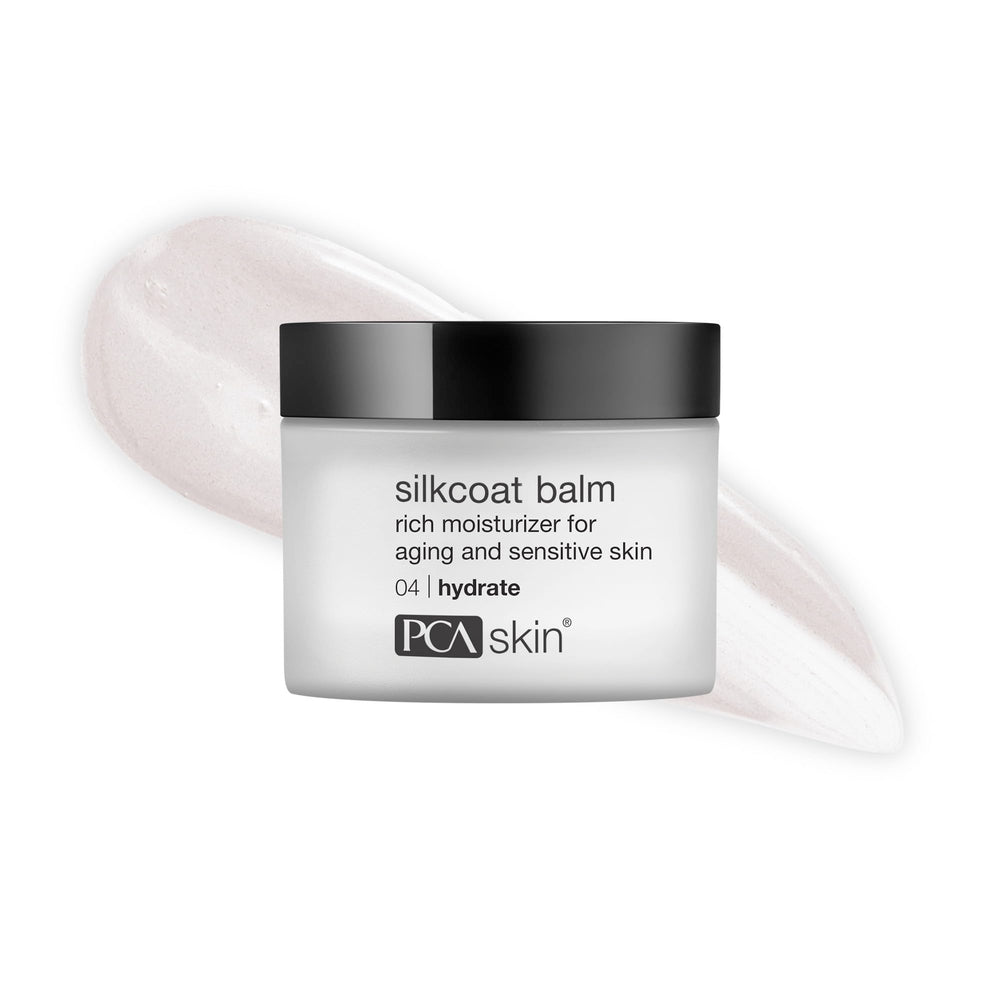 PCA Skin Silkcoat Face Cream Balm jar shows silky texture for deep hydration.