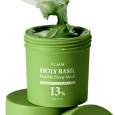 P.CALM Holy Basil Bubble Mask transforms clay into bubbles for deep cleansing.
