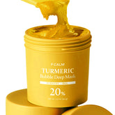 P.CALM Turmeric Bubble Deep Mask transforma arcilla en burbujas para una limpieza profunda.