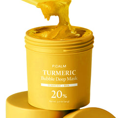 P.CALM Turmeric Bubble Deep Mask transforma arcilla en burbujas para una limpieza profunda.